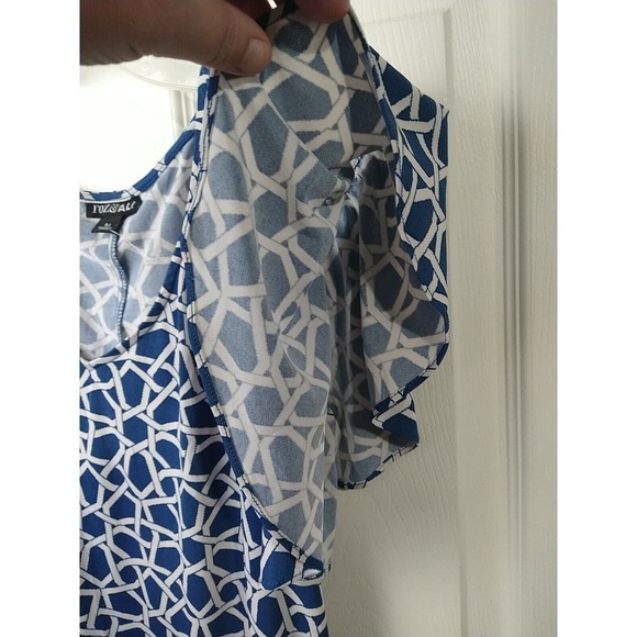 $ Roz & Ali Medium M Blue White Geometric Print Cold Shoulder Sheath Dress VNeck - Picture 6 of 10